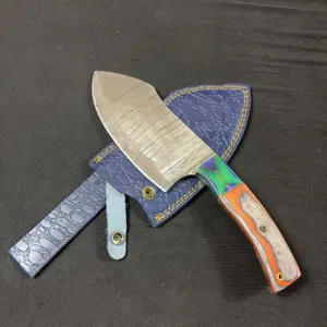 Handmade Damascus Steel Cleaver with Leather Sheath