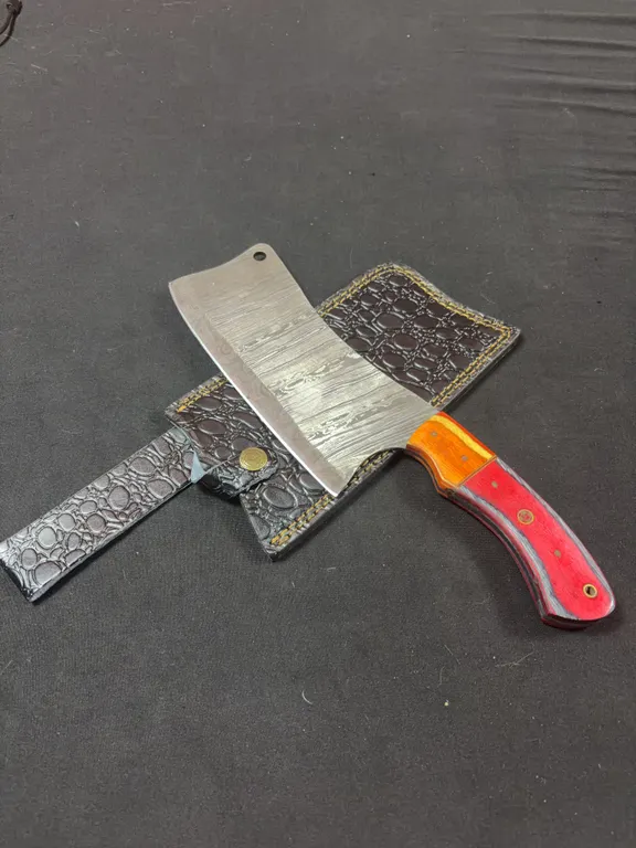 Handmade Damascus Steel Cleaver with Leather Sheath