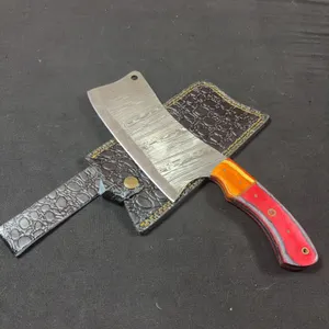 Handmade Damascus Steel Cleaver with Leather Sheath