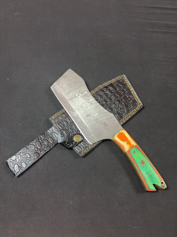 Handmade Damascus Steel Cleaver with Leather Sheath