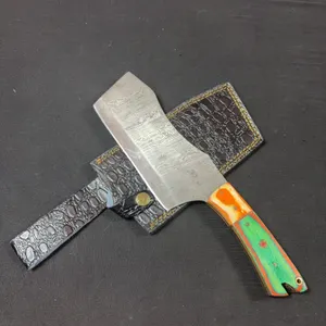 Handmade Damascus Steel Cleaver with Leather Sheath