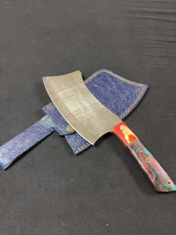 Handmade Damascus Steel Cleaver with Leather Sheath