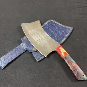 Handmade Damascus Steel Cleaver with Leather Sheath