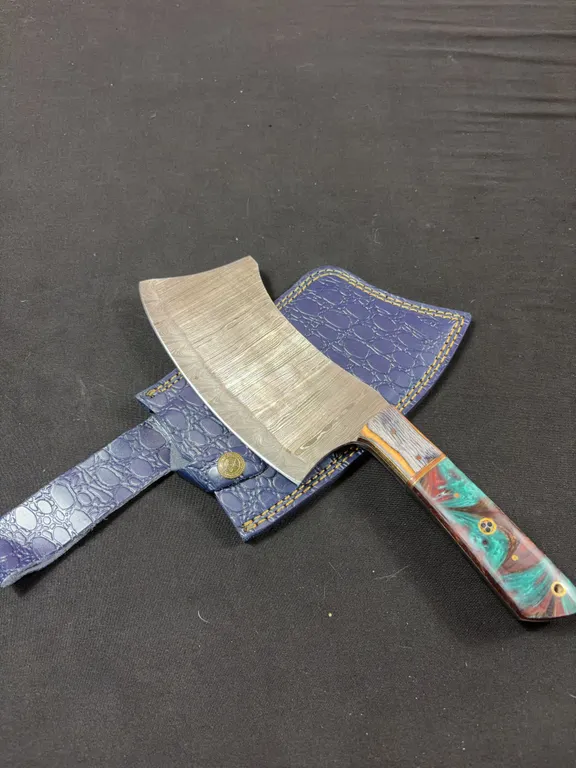 Handmade Damascus Steel Cleaver with Leather Sheath