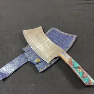 Handmade Damascus Steel Cleaver with Leather Sheath