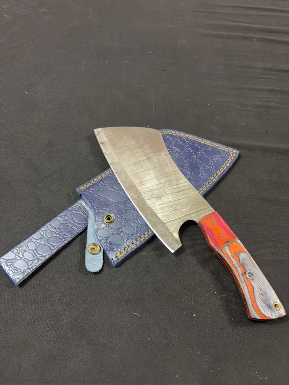 Handmade Damascus Steel Cleaver with Leather Sheath