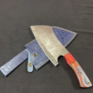 Handmade Damascus Steel Cleaver with Leather Sheath
