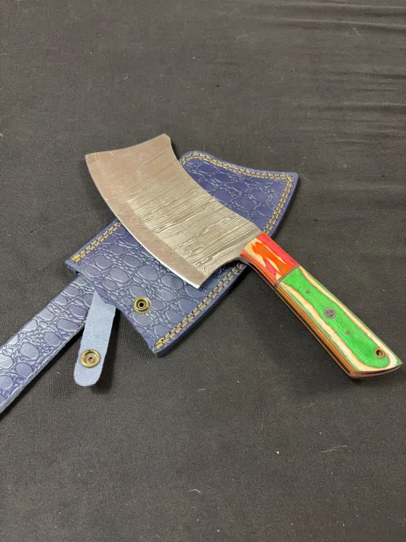 Handmade Damascus Steel Cleaver with Leather Sheath