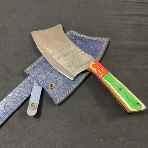 Handmade Damascus Steel Cleaver with Leather Sheath