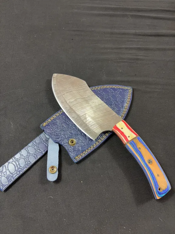 Handmade Damascus Steel Cleaver with Leather Sheath