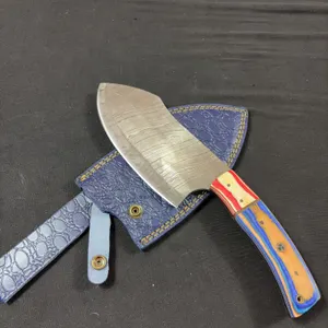 Handmade Damascus Steel Cleaver with Leather Sheath