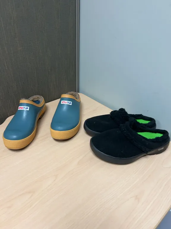 XTRATUF Women’s Blue Slip On Mules and OOFOS Black Clogs