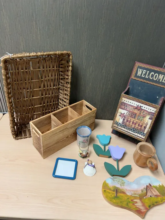 Lot: Wicker Basket, Wood Caddy, Decor Items