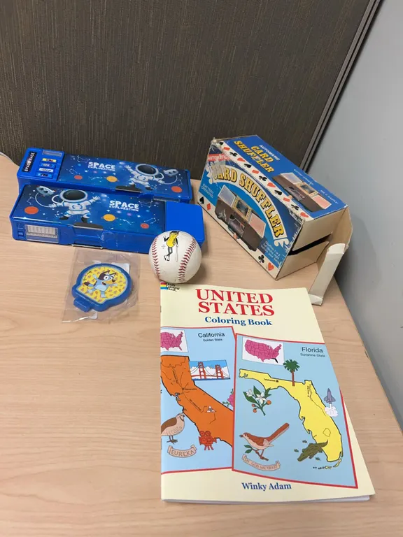 Lot: Space Pencil Boxes, Card Shuffler, Books, Toys