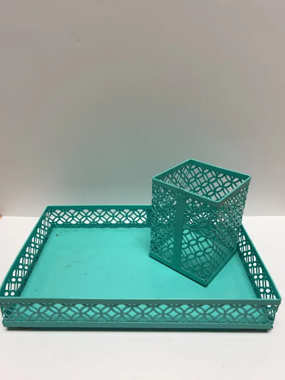 Teal Metal Desk Organizer Tray and Pencil Holder Set