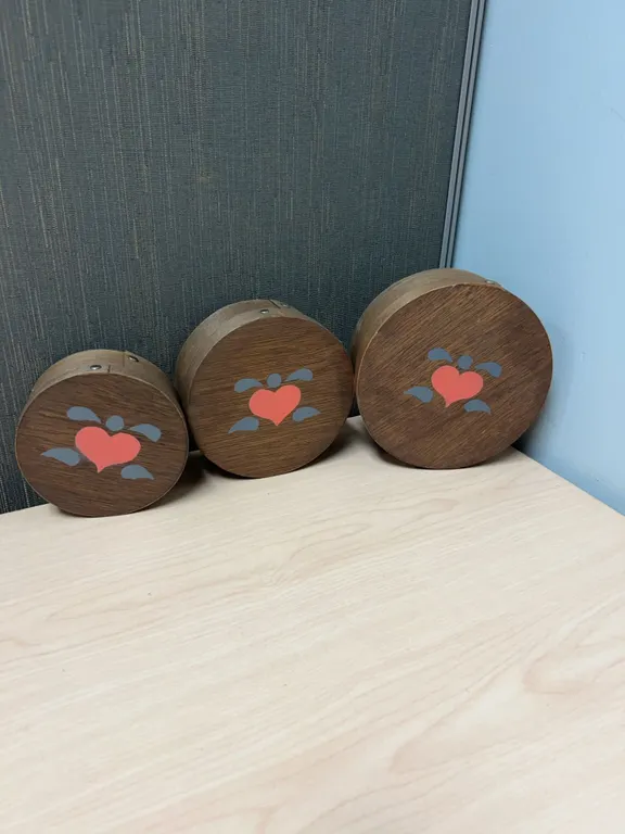 Three Round Wood Boxes with Painted Heart Motif