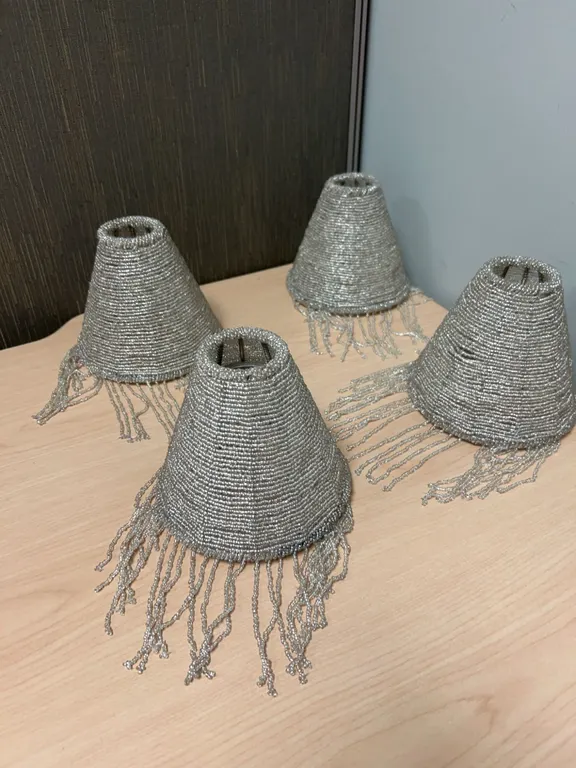 Four Silver Beaded Mini Lamp Shades with Fringe
