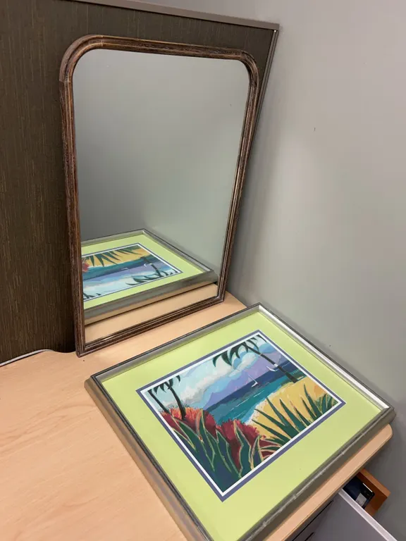 Rectangular Wood-Framed Wall Mirror and Framed Print Lot