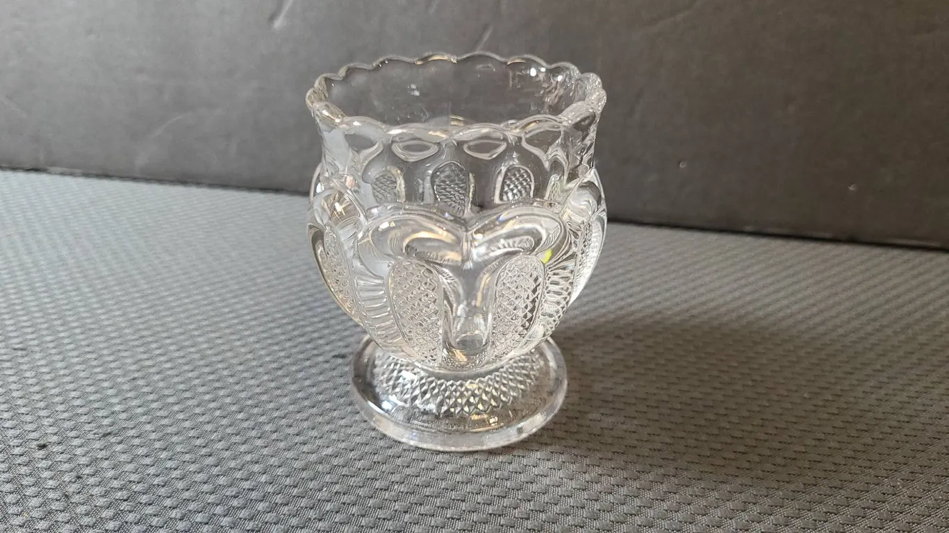 Pressed Clear Glass Antique Toothpick Holder with Scalloped Rim and Patterned Panels Design (No Meas