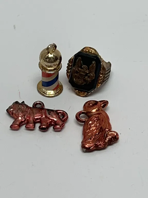 Four Vintage Charms: Barber Pole, Eagle Ring, Copper Animal Charms, Varied Designs and Finishes