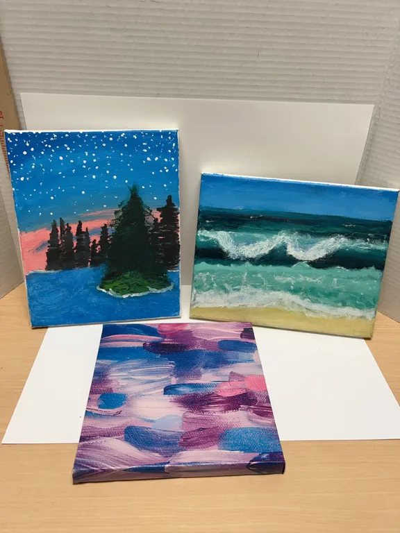 Three Original Acrylic Paintings on Stretched Canvas: Landscape, Seascape, and Abstract, 8x10 Inches