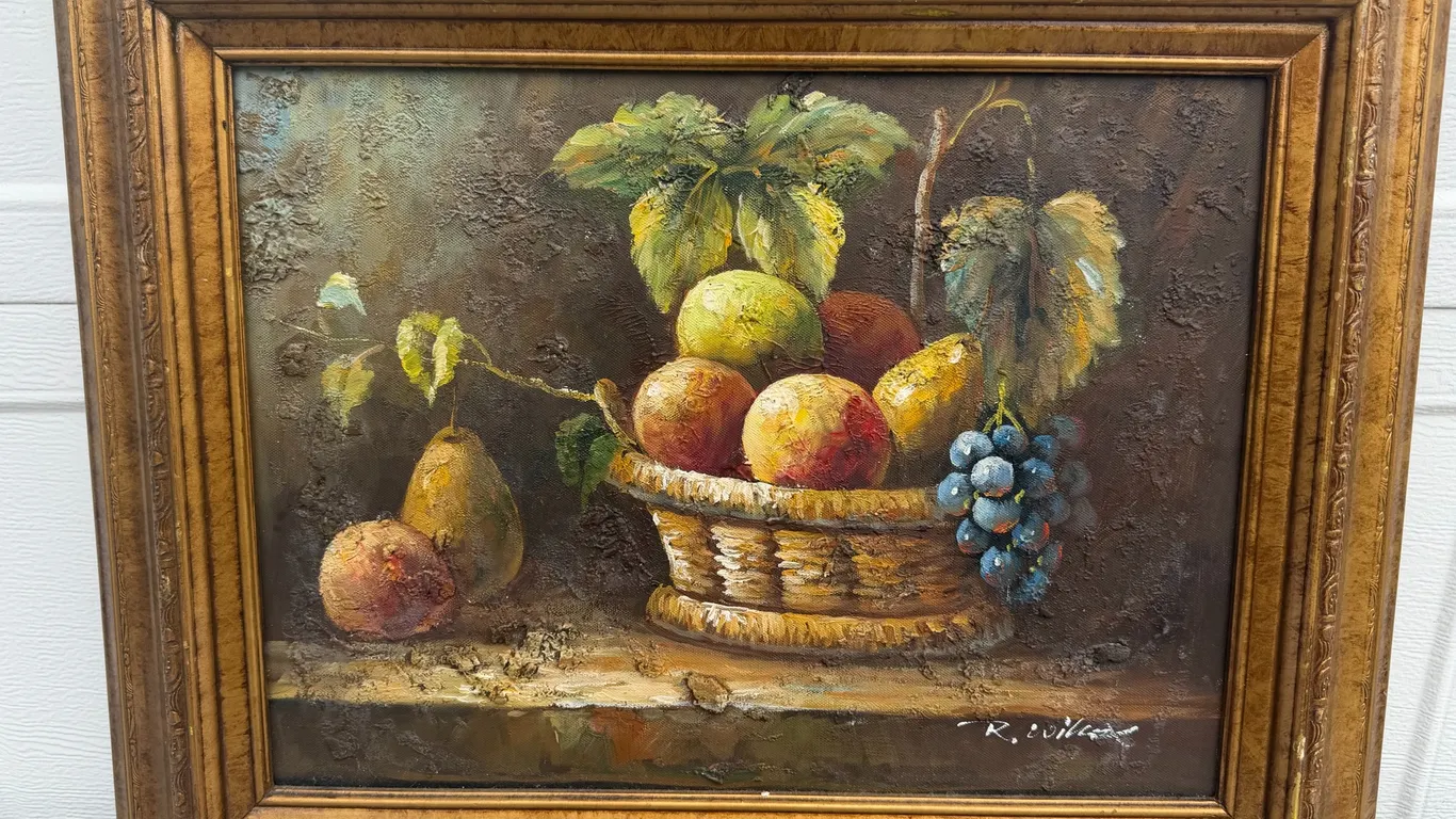 Signed Fruit Basket Still Life Oil Painting