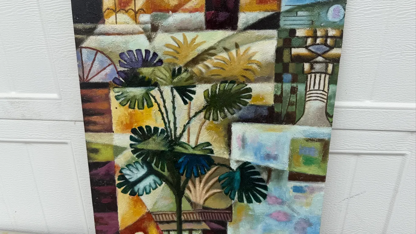 R. Mello Signed Abstract Tropical Canvas Painting