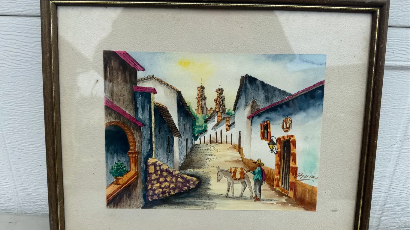 Signed Ruiz Mexican Village Watercolor Painting