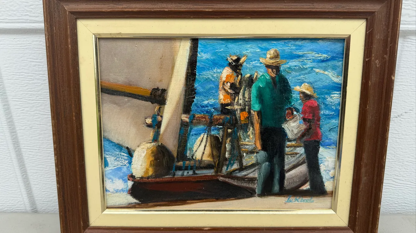 Signed Coastal Fishermen Oil Painting