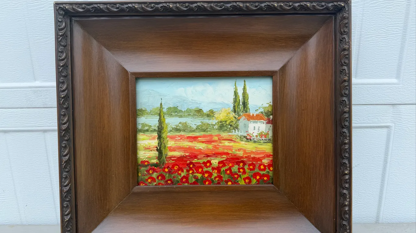 Framed Poppy Field Landscape Oil Painting