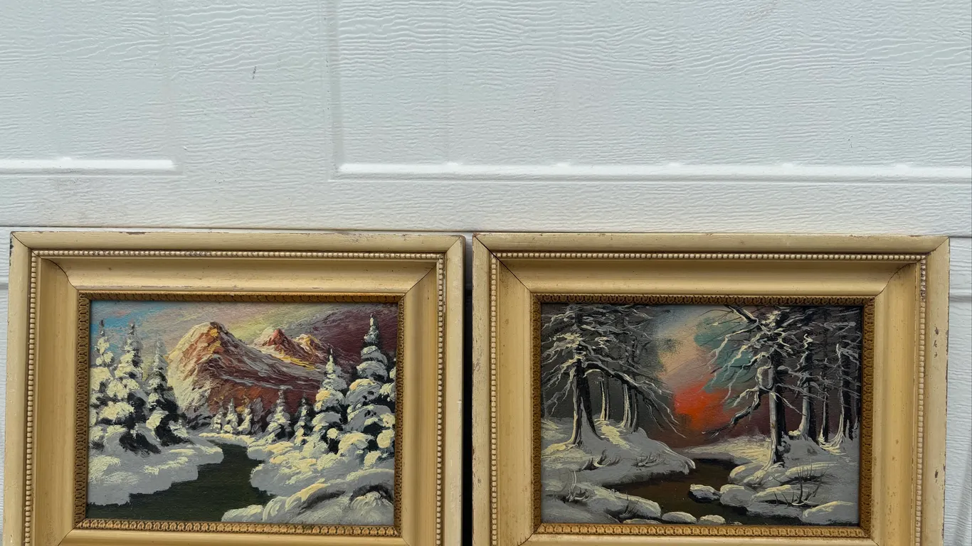 Pair Vintage Winter Landscape Paintings