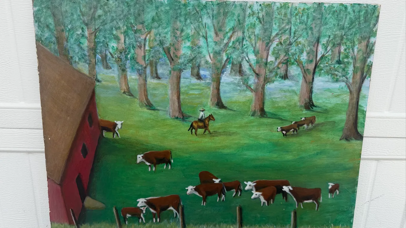 Signed Arlene Farrell Folk Art Farm Painting
