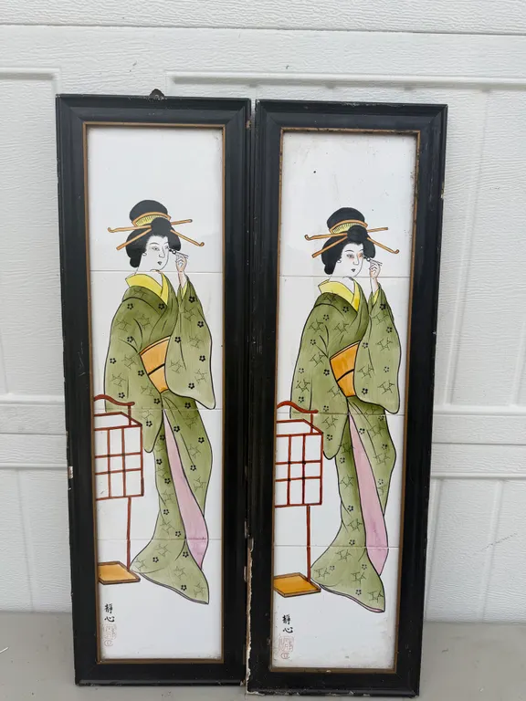 Pair Japanese Geisha Ceramic Tile Wall Panels