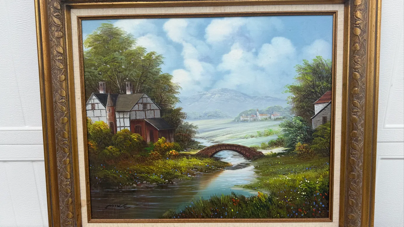 Signed Framed Country Landscape Canvas Painting