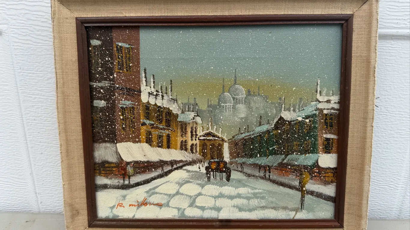 Signed R. Milano Winter Cityscape Painting