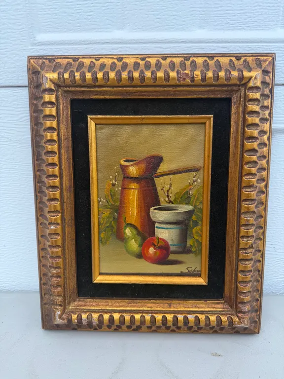Framed Still Life Pitcher and Fruit Painting