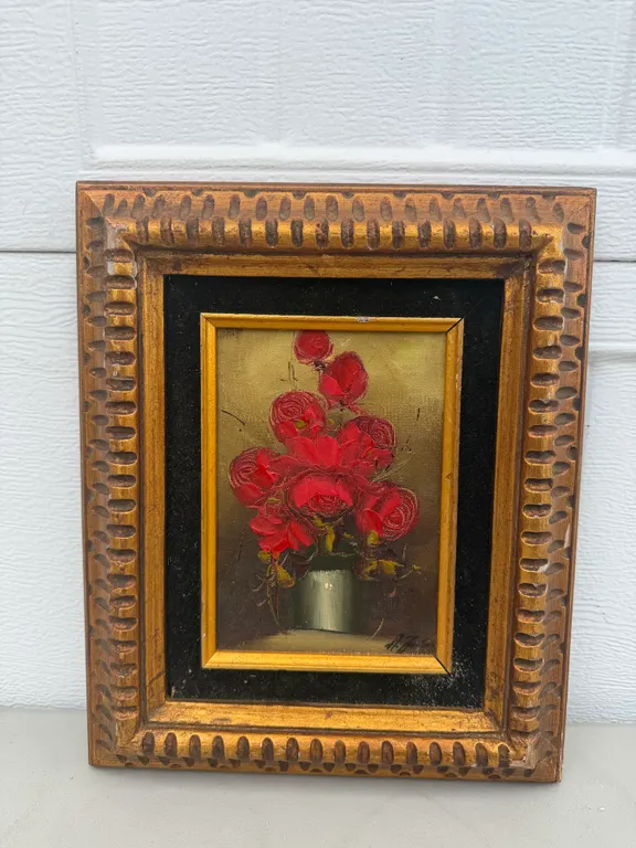 Framed Red Roses Floral Still Life Oil Painting