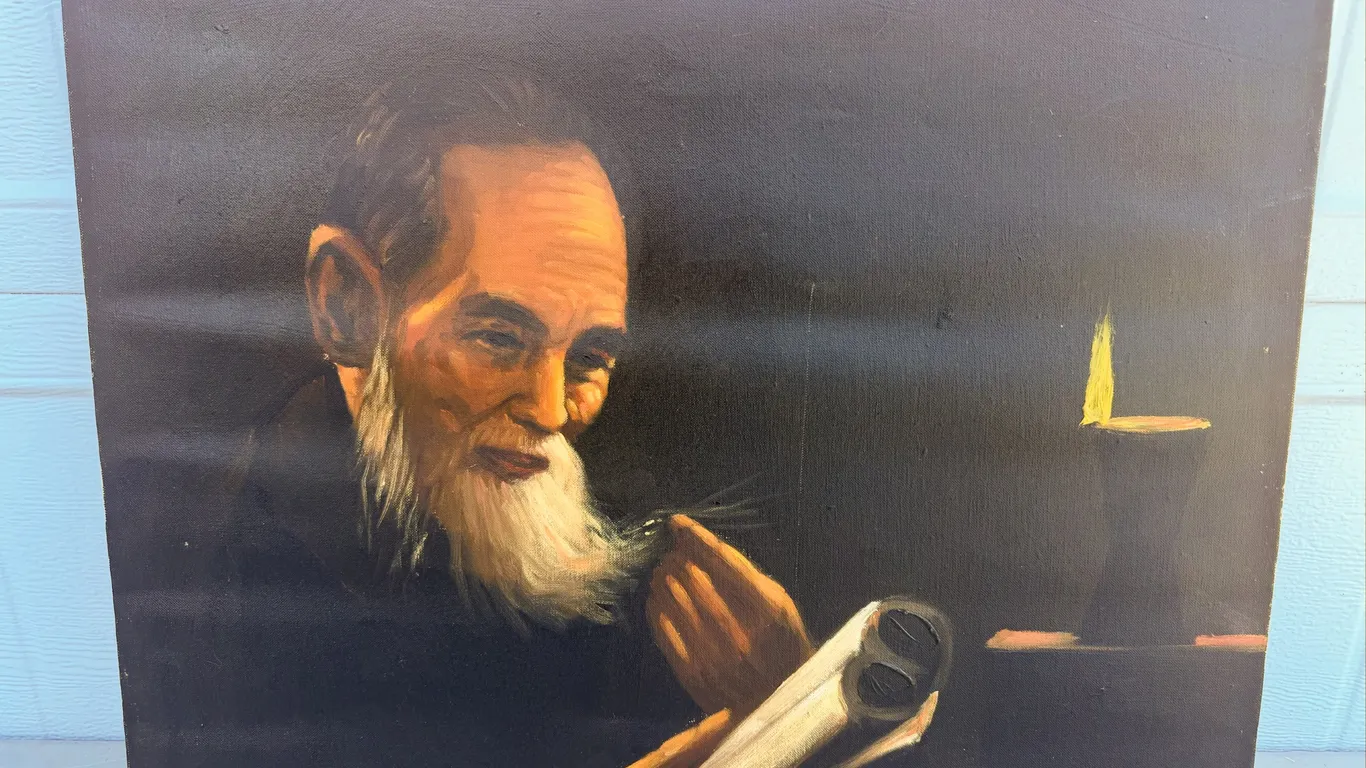 Signed Rabbi Reading Judaica Canvas Painting