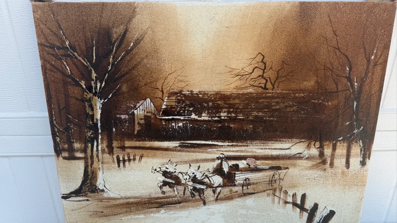 Vintage Winter Horse & Wagon Canvas Painting