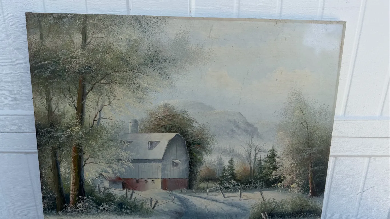 Signed A. Kington Winter Barn Canvas Painting