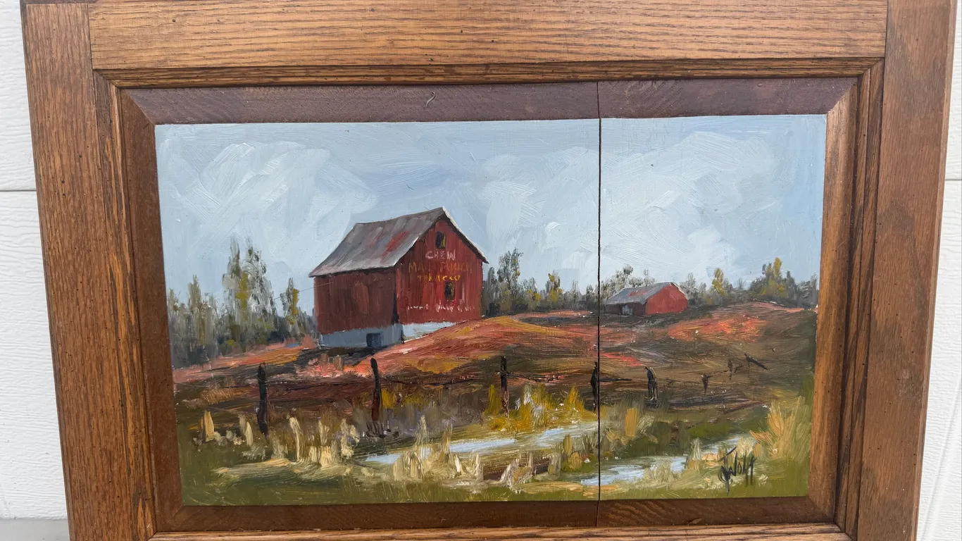 Signed Folk Art Red Barn Landscape Painting