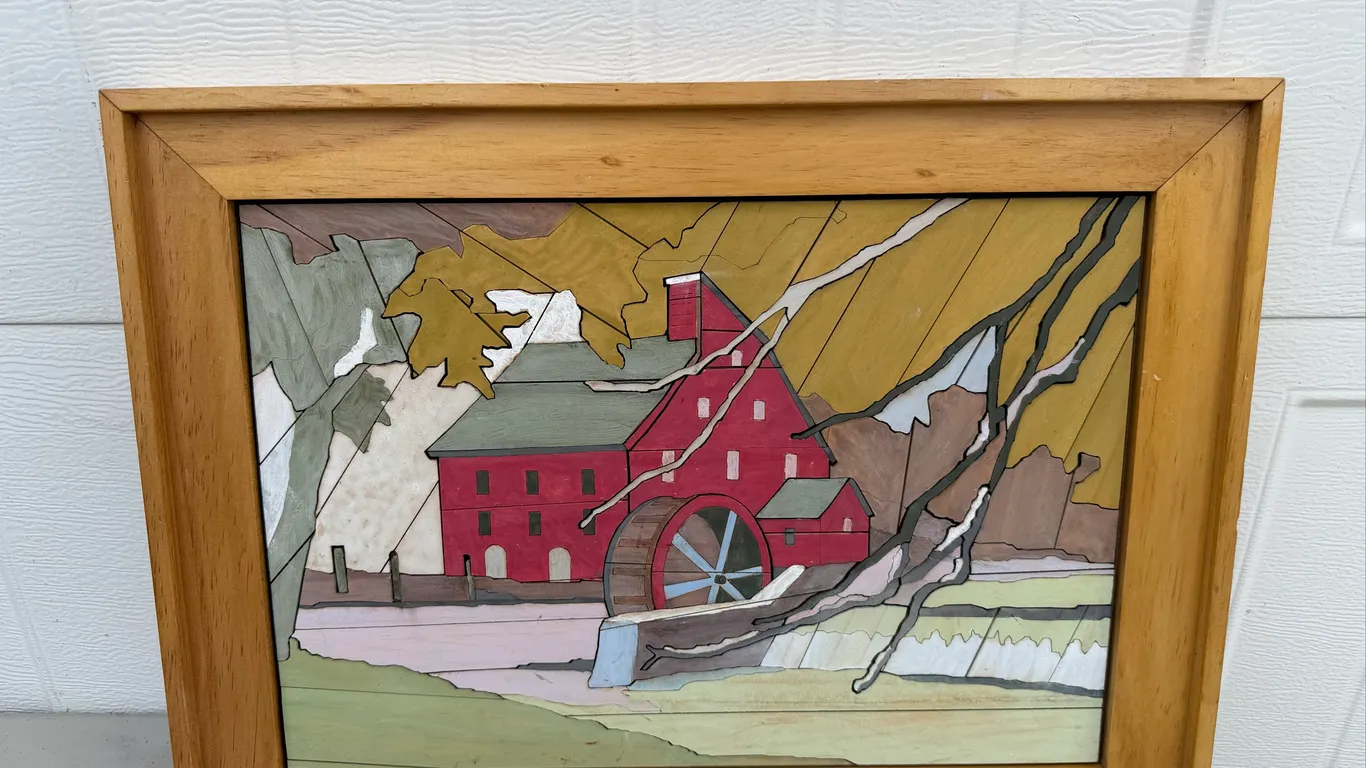 Vintage Watermill Wood Inlay Artwork