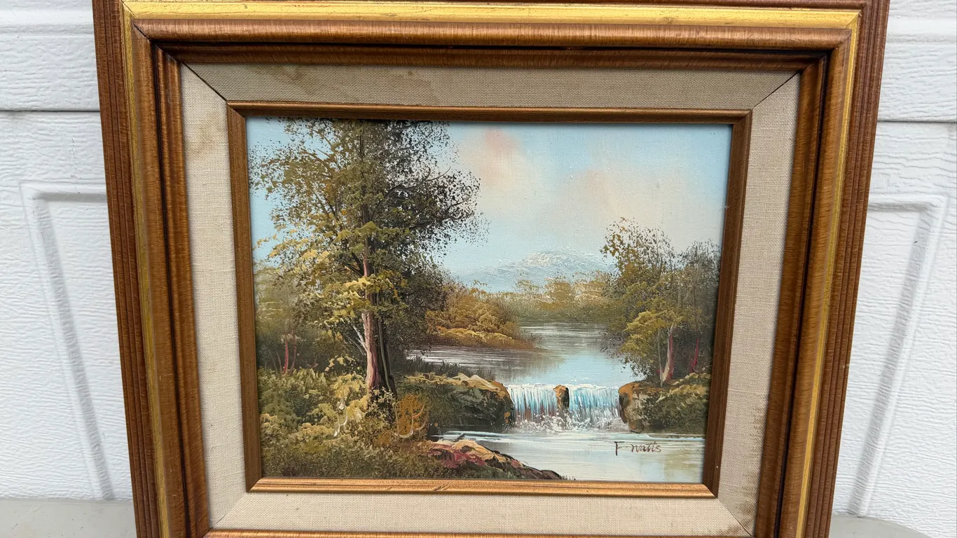 Signed F. Morris Landscape Oil Painting Waterfall River Mountain Framed Vintage