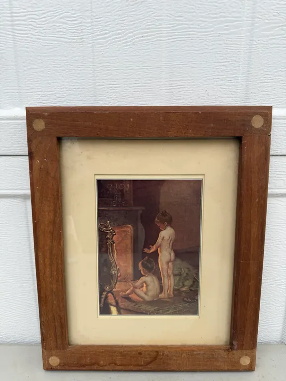 Vintage Children by Fireplace Framed Art Print