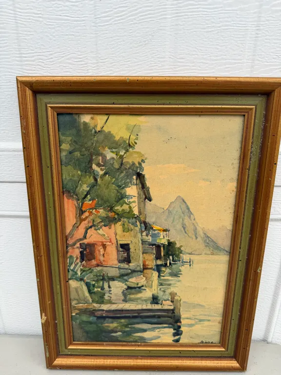 Signed Lakeside Village Mountain Landscape Art