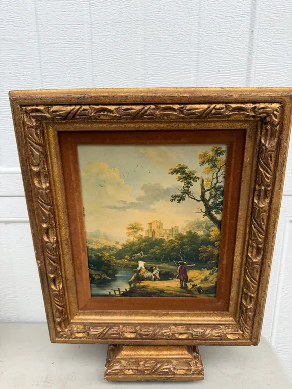 Ornate Rotating Pedestal Framed Landscape