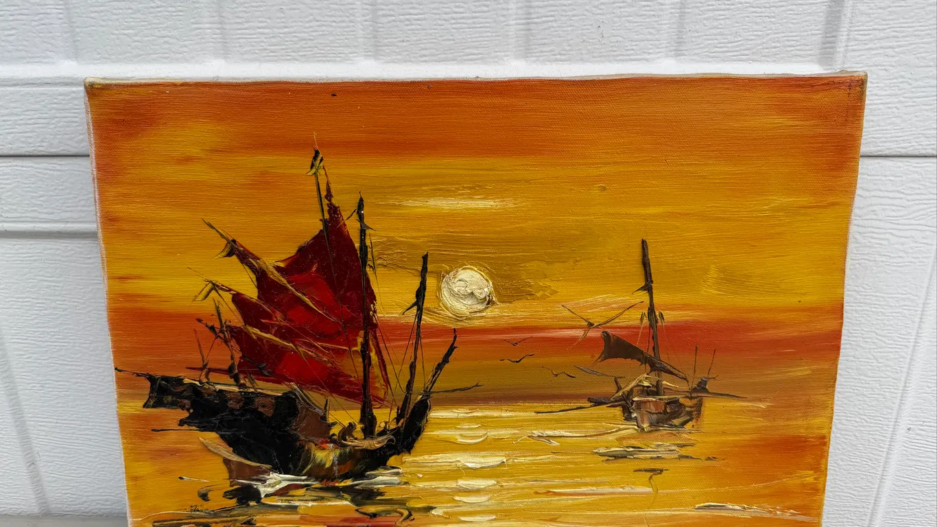 Signed Asian Junk Boats Sunset Oil Painting