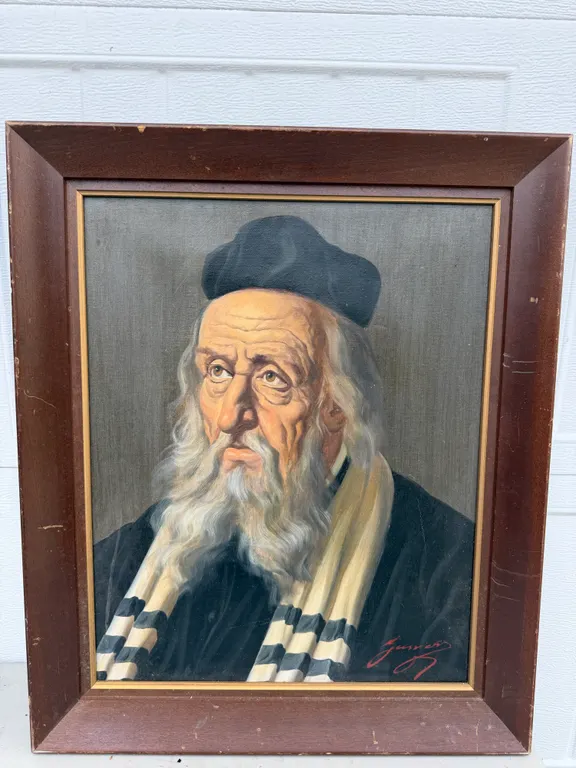 Signed Framed Rabbi Portrait Painting Judaica