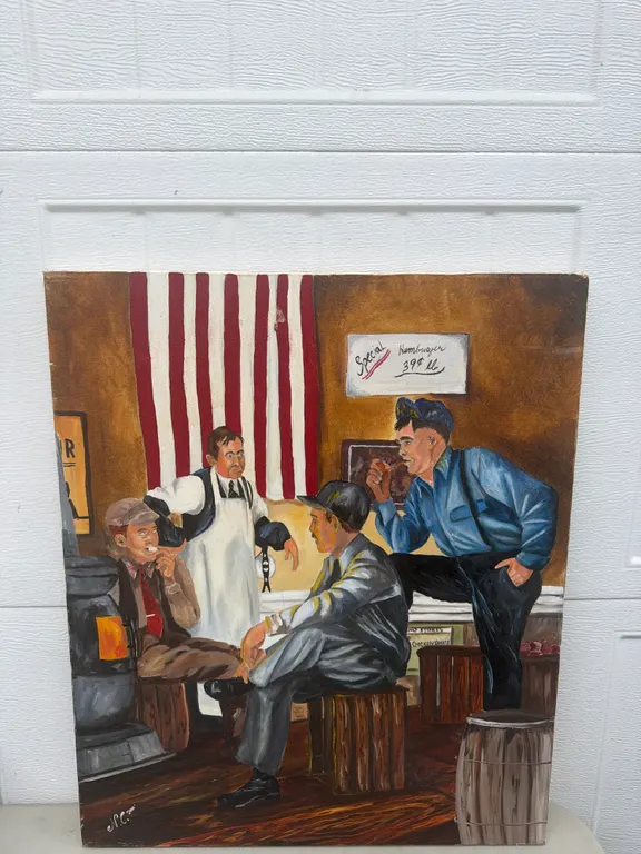 N.C. Cross Signed Vintage Diner Scene Painting