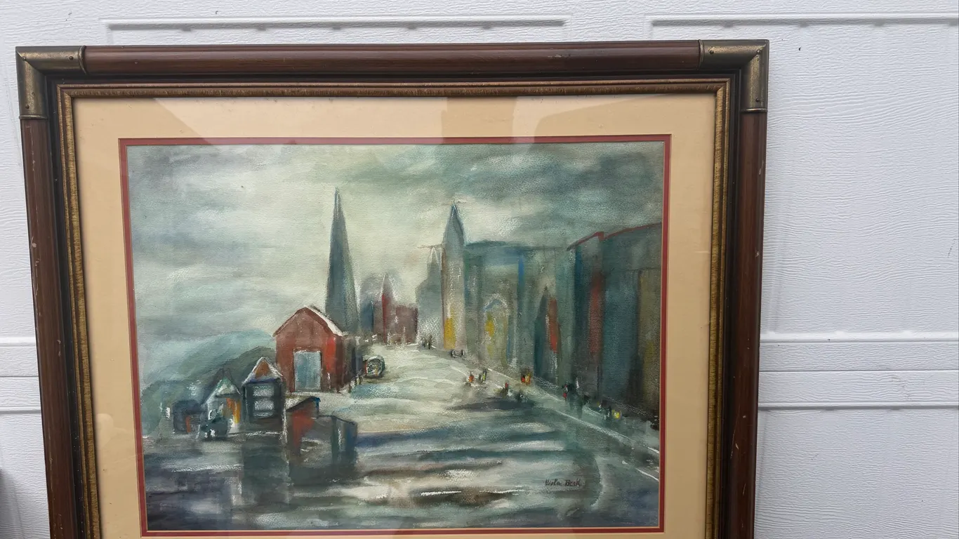 Signed Framed Industrial Cityscape Watercolor